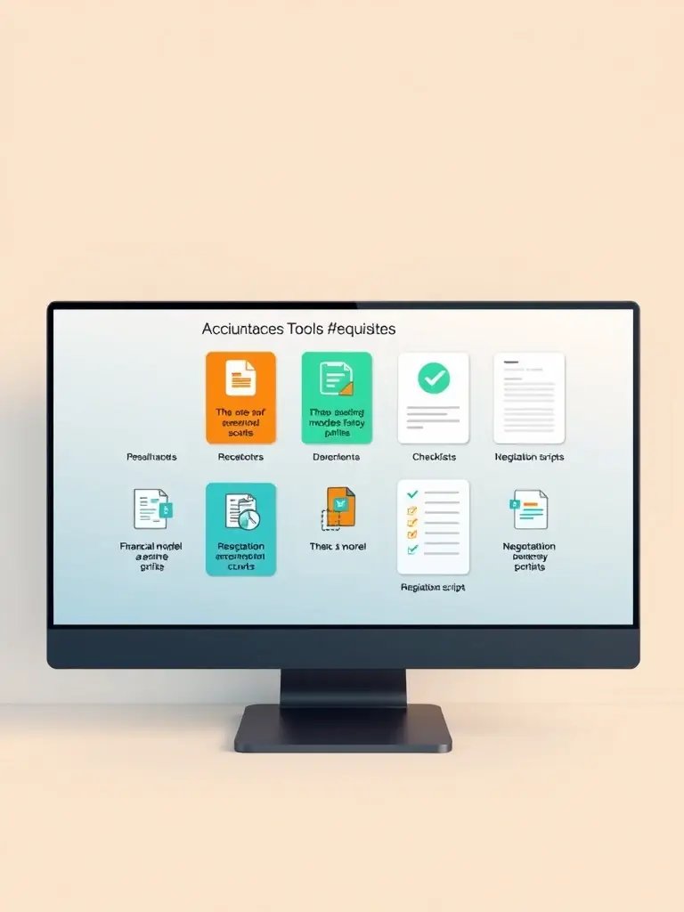 A digital display showcasing various business acquisition tools and templates, including financial models, due diligence checklists, and negotiation scripts, all neatly organized and accessible.