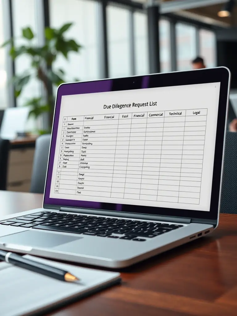 An Excel spreadsheet displaying a Due Diligence Request List, categorized into Financial, Commercial, Technical, and Legal sections, on a laptop screen.