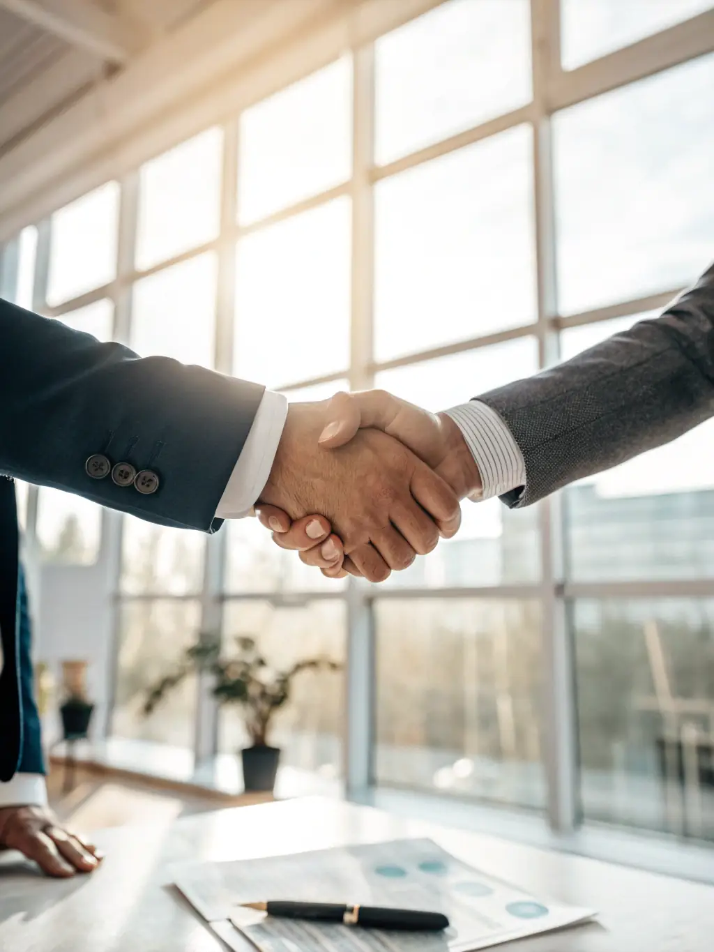 A person successfully acquiring a business, shaking hands with the seller, with a BuySellGrow logo subtly placed in the background, symbolizing the support and guidance provided by the newsletter.